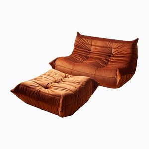 Amber Orange Velvet Togo Pouf and 2-Seat Sofa by Michel Ducaroy for Ligne Roset, Set of 2-IXA-1314876