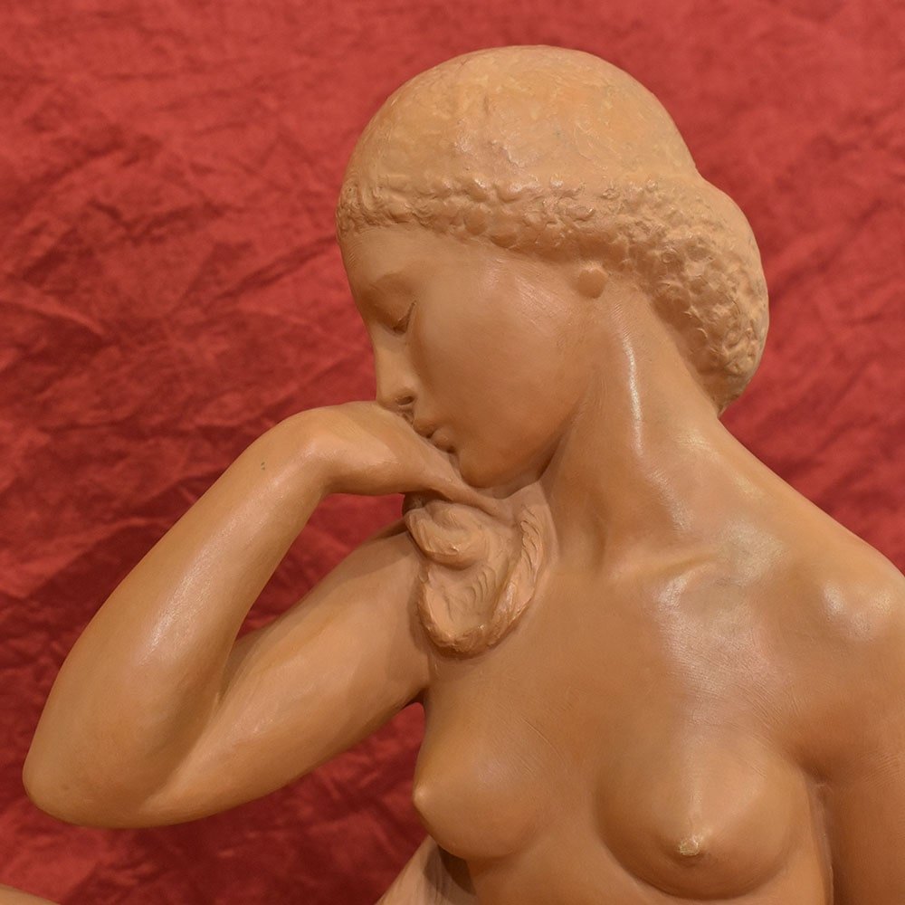 Amedeo Gennarelli / Ortis, Art Deco Nude Sculpture of Young Woman, 20th Century, Terracotta