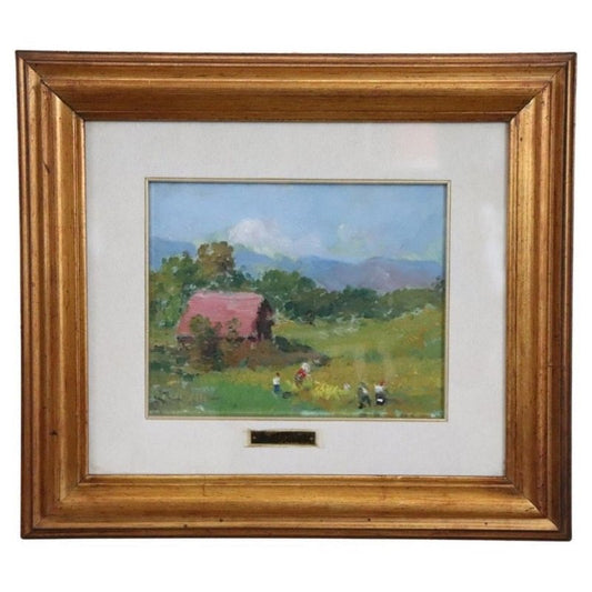 Amedeo Merello, Countryside Landscape with Peasants, 1960s, Oil on Canvas, Framed