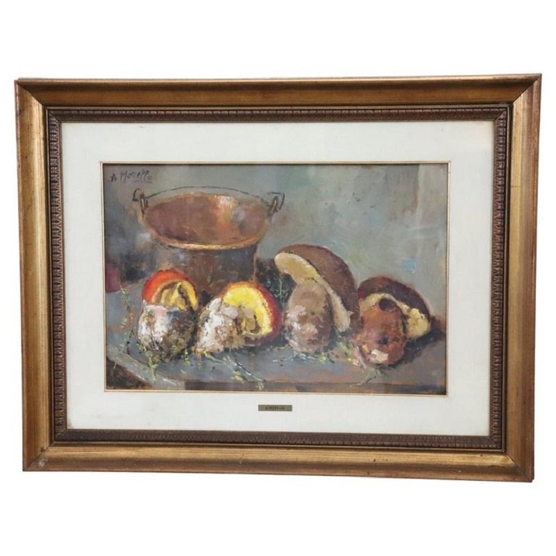 Amedeo Merello, Still Life with Mushrooms, 1960s, Oil on Board, Framed