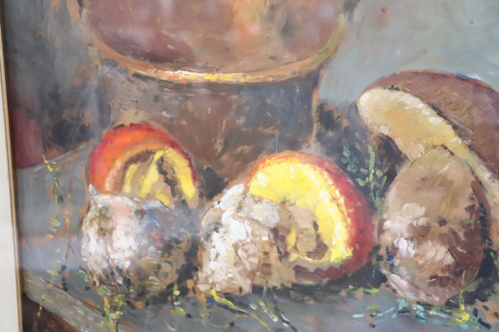 Amedeo Merello, Still Life with Mushrooms, 1960s, Oil on Board, Framed