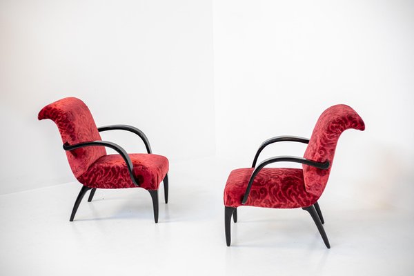 American Red Velvet Damask and Wood Armchairs by Gilbert Rohde, Set of 2-RCE-1099537