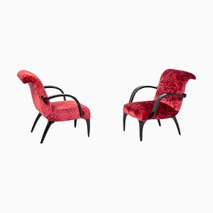 American Red Velvet Damask and Wood Armchairs by Gilbert Rohde, Set of 2-RCE-1099537