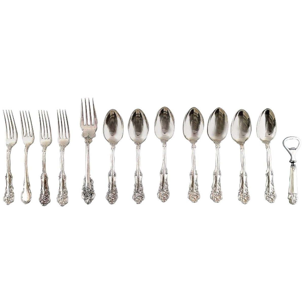 American Silver Rich Ornamentation Cutlery by Wallace Sterling and W. Rogers, 20th Century, Set of 13