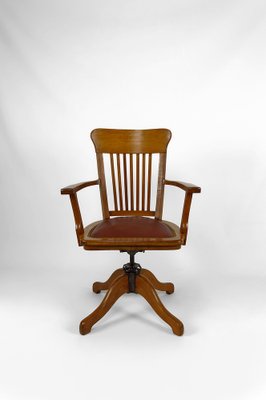 American Swivel Office Armchair in Oak with Leather Seat, 1900s-XNH-1804625