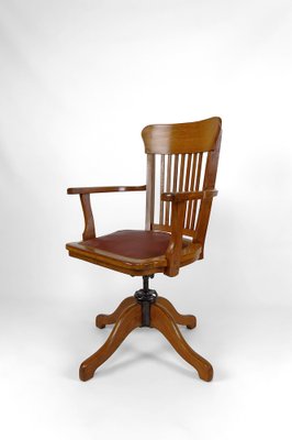 American Swivel Office Armchair in Oak with Leather Seat, 1900s-XNH-1804625