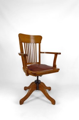 American Swivel Office Armchair in Oak with Leather Seat, 1900s-XNH-1804625