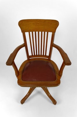 American Swivel Office Armchair in Oak with Leather Seat, 1900s-XNH-1804625