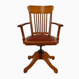 American Swivel Office Armchair in Oak with Leather Seat, 1900s-XNH-1804625