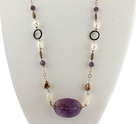 Amethyst, Pearl, Onyx, Hard Stone, 9 Karat Rose Gold and Silver Long Necklace