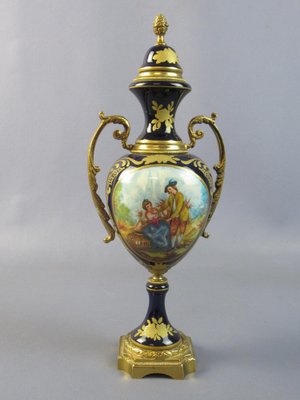 Amphora Vases in Porcelain and Golden Bronze, France, 1940s, Set of 2-PWG-1750098