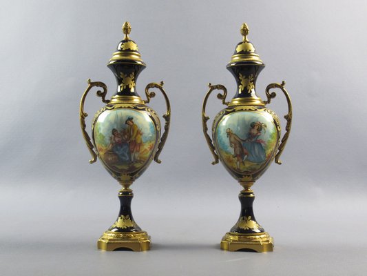 Amphora Vases in Porcelain and Golden Bronze, France, 1940s, Set of 2-PWG-1750098