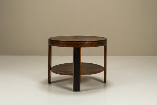 Amsterdam School Round Side Table in Oak and Ebony, Netherlands, 1930s