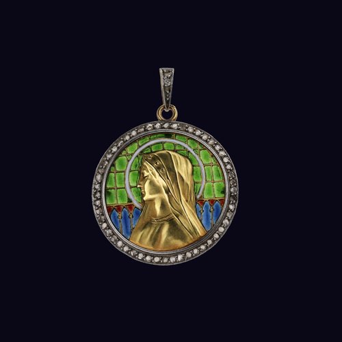 An Gold Pendant on a Chain with Our Lady on Stained Glass Enamel, in an Antique Case.