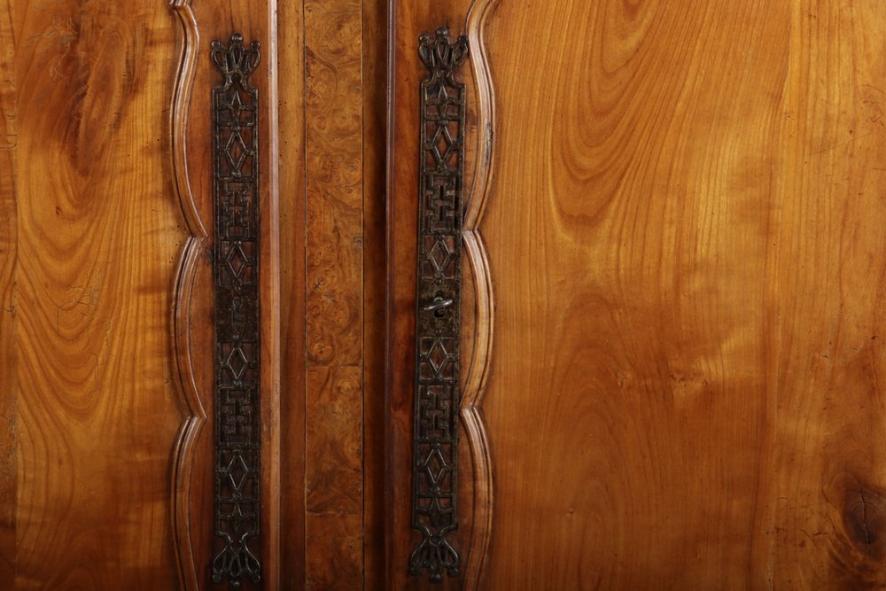 Ancient French Baroque Cabinet Around 1760 Cherry Tree Large Iron Fittings, Church Tree, Carvings, Inserting and Band Performances