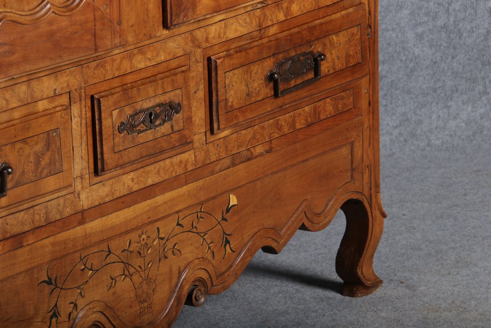 Ancient French Baroque Cabinet Around 1760 Cherry Tree Large Iron Fittings, Church Tree, Carvings, Inserting and Band Performances