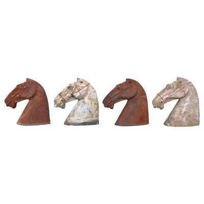 Ancient Han Dynasty Gray & Red Pottery Horse Heads, Set of 4-PSK-1002946