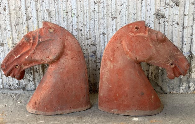 Ancient Han Dynasty Gray & Red Pottery Horse Heads, Set of 4-PSK-1002946