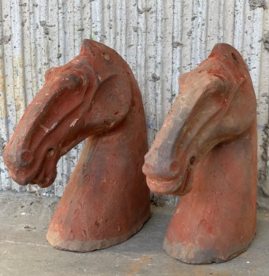 Ancient Han Dynasty Gray & Red Pottery Horse Heads, Set of 4-PSK-1002946