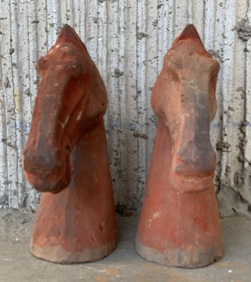 Ancient Han Dynasty Gray & Red Pottery Horse Heads, Set of 4-PSK-1002946