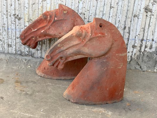 Ancient Han Dynasty Gray & Red Pottery Horse Heads, Set of 4-PSK-1002946