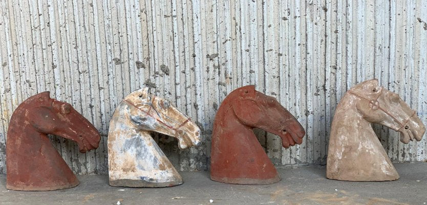 Ancient Han Dynasty Gray & Red Pottery Horse Heads, Set of 4-PSK-1002946