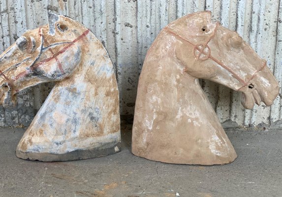 Ancient Han Dynasty Gray & Red Pottery Horse Heads, Set of 4-PSK-1002946