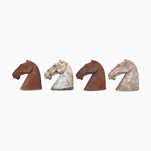 Ancient Han Dynasty Gray & Red Pottery Horse Heads, Set of 4-PSK-1002946