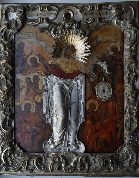 Ancient Icon of the Mother of God Joy of All Who Sorrow in a Baroque Silver Setting