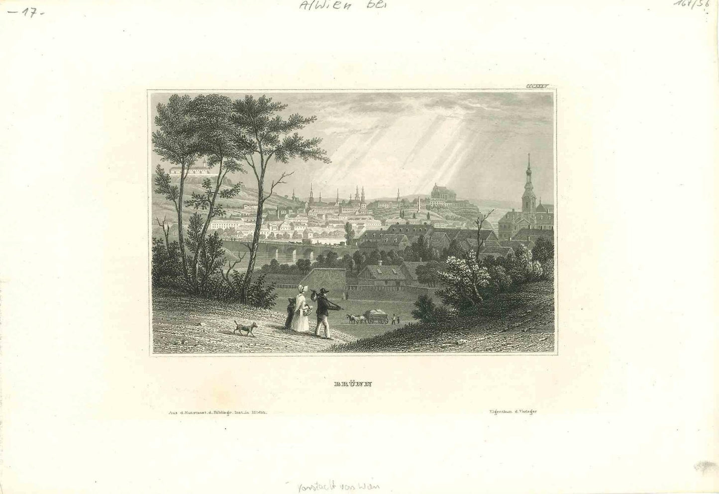 Ancient View of Brünn, Original Lithograph on Paper, Mid-19th-Century