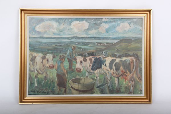 Anders Hune, Cows in the Field, Acrylic & Oil on Canvas, Framed-DQ-1316890