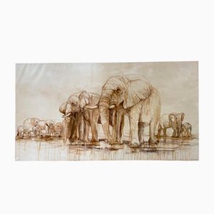 André Ferrand, Painting of Elephants, 1998, Oil on Canvas, Framed-ICD-1316992