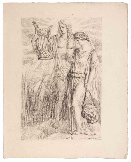 Andre Leroux, Orpheus and Eurydice, Pencil Drawing, 1927