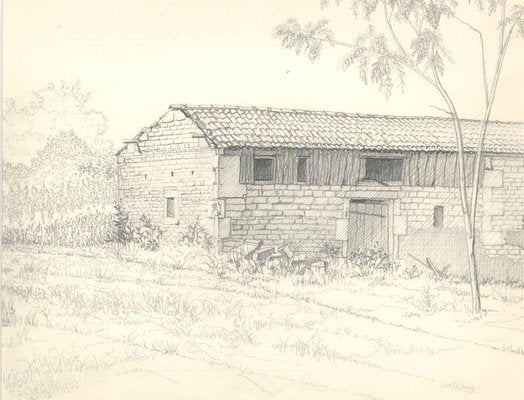 André Roland Brudieux - House In the Countryside - Original Pencil Drawing - 1960s-ZCI-871323