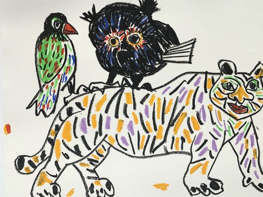 Andrzej Fogtt, an Owl with a Woodpecker and a Tiger, 2019, Pastel & Paper-XHG-2016566