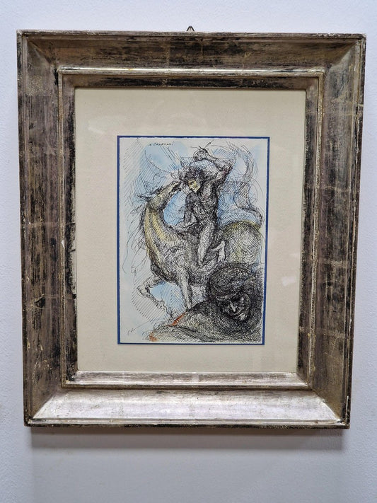 Angelo Canevari, Rider, 1980s, Watercolor, Framed