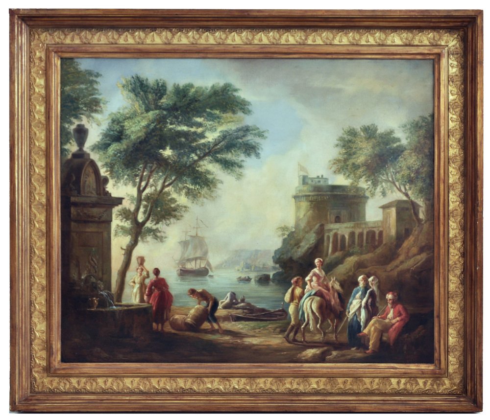 Angelo Granati, Mediterranean Harbor, Oil on Canvas, Framed