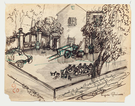 Angelo Griscelli, Lunch in the Countryside, 20th Centrury, Original Drawing