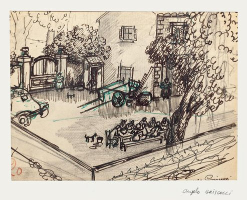 Angelo Griscelli, Lunch in the Countryside, 20th Centrury, Original Drawing-ZCI-792544