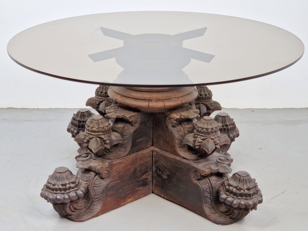 Anglo-Indian Hand-Carved Hardwood and Glass Coffee Table 1840, 1890s