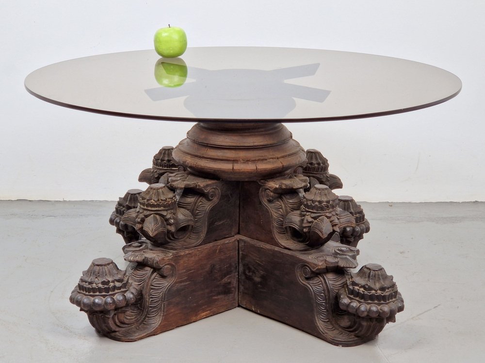 Anglo-Indian Hand-Carved Hardwood and Glass Coffee Table 1840, 1890s