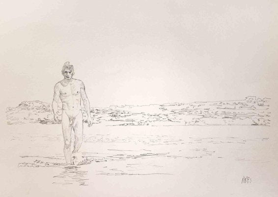 Anthony Roaland, Man Walking on the Beach, Original Pencil Drawing, 1981-ZCI-1380165