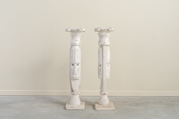 Anthropomorphic Brutalist Columns or Supports in White Patinated Wood. Spain, 1970s, Set of 2-UJE-2020676