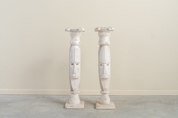 Anthropomorphic Brutalist Columns or Supports in White Patinated Wood. Spain, 1970s, Set of 2-UJE-2020676