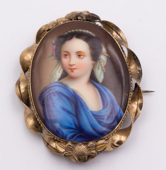 Antique 14k Gold Brooch with Miniature on Porcelain, Late 18th Century