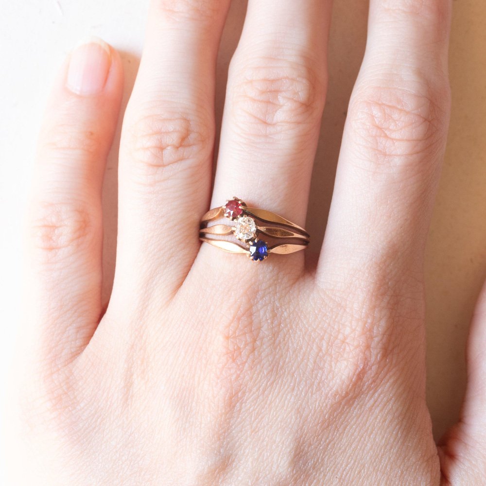 Antique 14k Yellow Gold Triple Ring with Imitation Ruby ​, Mine Cut Diamond and Sapphire, 1920s