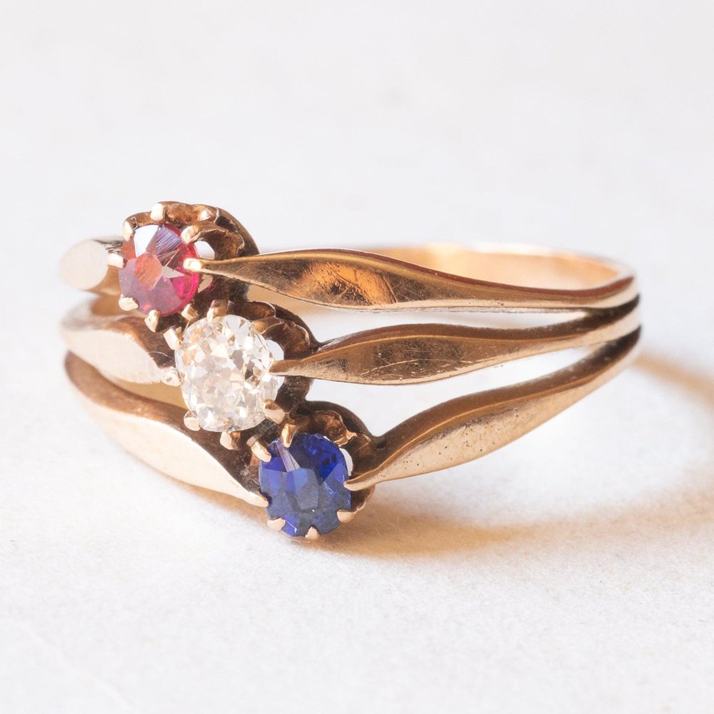 Antique 14k Yellow Gold Triple Ring with Imitation Ruby ​, Mine Cut Diamond and Sapphire, 1920s