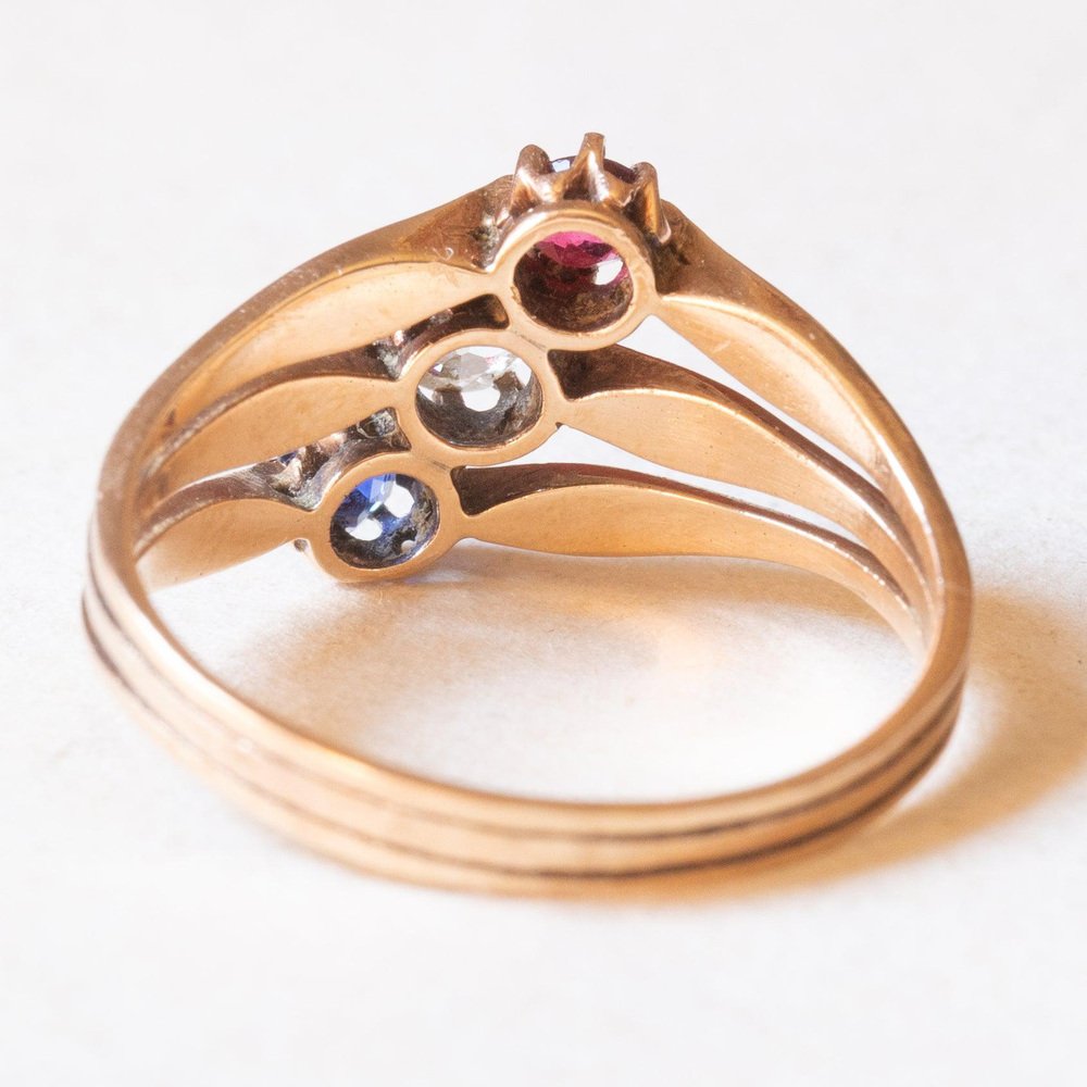 Antique 14k Yellow Gold Triple Ring with Imitation Ruby ​, Mine Cut Diamond and Sapphire, 1920s