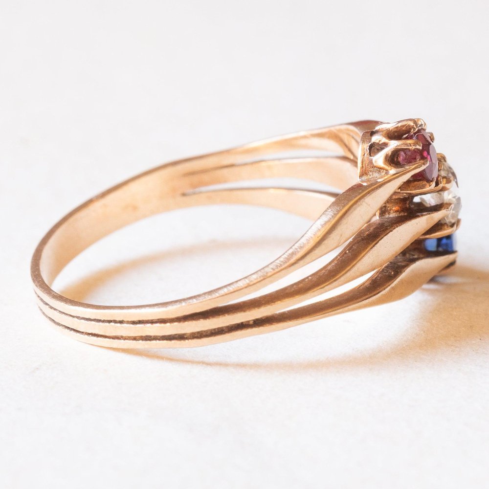 Antique 14k Yellow Gold Triple Ring with Imitation Ruby ​, Mine Cut Diamond and Sapphire, 1920s