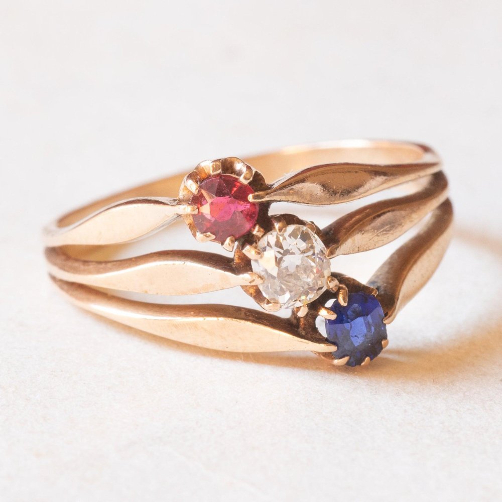 Antique 14k Yellow Gold Triple Ring with Imitation Ruby ​, Mine Cut Diamond and Sapphire, 1920s